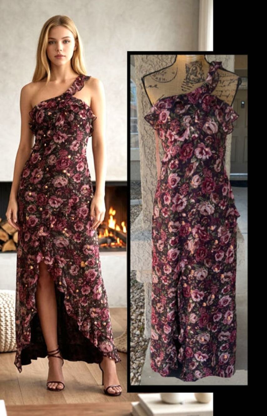 Lulus Bonelle Plum Multi Floral Metallic Clip Dot Ruffled Maxi Dress Size M